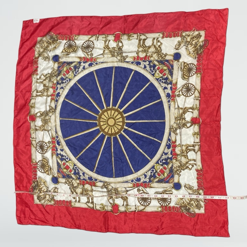 Vintage DOPIO Italy 100% Silk Square Scarf Carriage Red Blue Multicolor 32"x32"